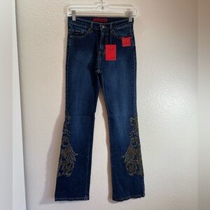 Y2K Solid Embroidered Denim Flare Jeans Mid Rise Size 1/25